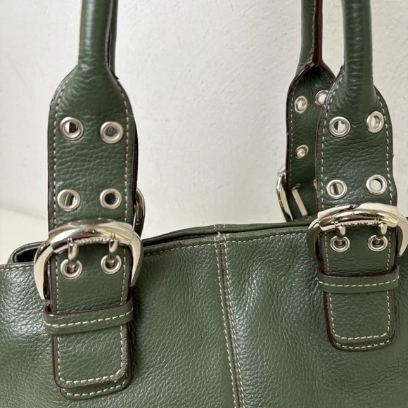 TIGNANELLO Dark Green Leather Satchel Silver Buckles Y2K - Picture 6 of 16